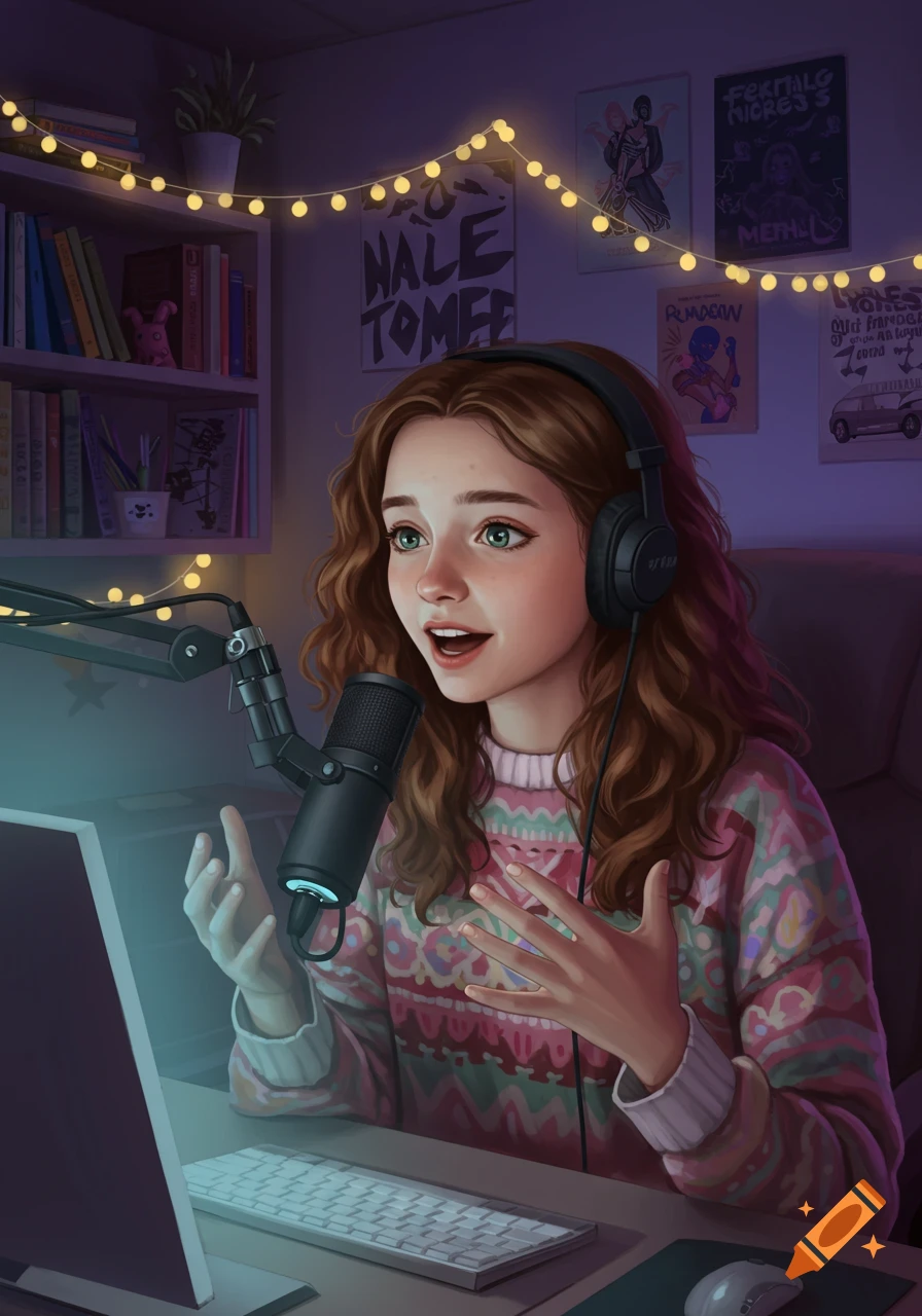 A digital art illustration of a young woman with curly brown hair and headphones, speaking into a podcast microphone at a desk, with string lights and posters in the background.