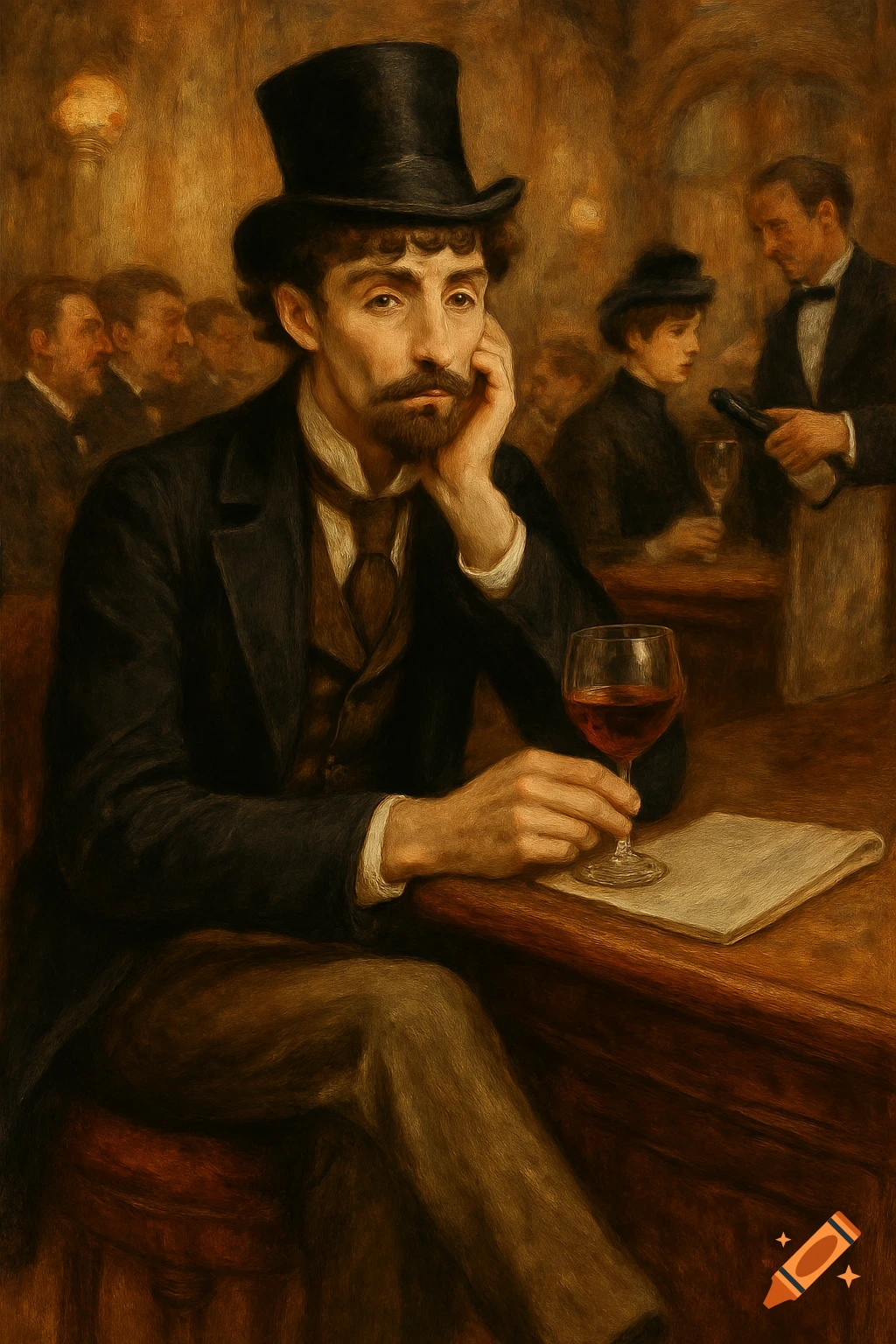 A pensive 19th-century man in a top hat and suit sits at a cafe table, holding a glass of wine, in a painterly style.