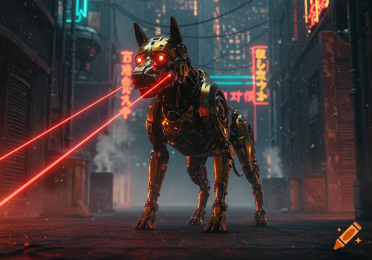 A detailed gold and black robotic dog with glowing red eyes shoots lasers in a dark, neon-lit cyberpunk city alley.