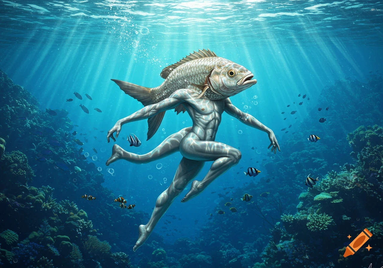 A surreal fish-headed human creature swims underwater among colorful coral and small fish, with sun rays from above.