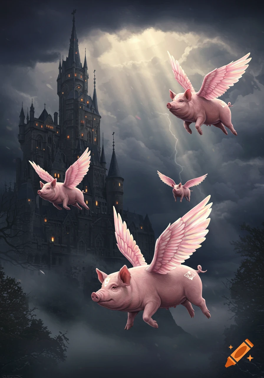 Pink flying pigs soar past a gothic castle under a dramatic, stormy sky with light rays.