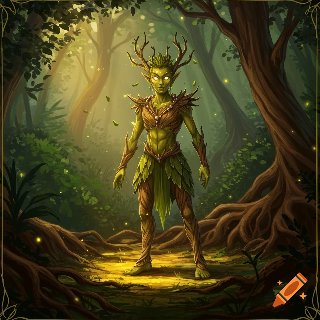 A fantasy earth elf with green skin, antlers, and leafy clothing stands in a sunlit forest.