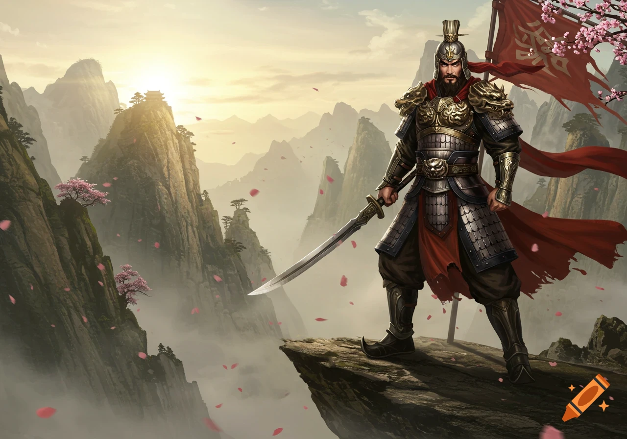 A Chinese warrior in ornate armor stands on a cliff with a sword, overlooking misty mountains and cherry blossoms at sunset.
