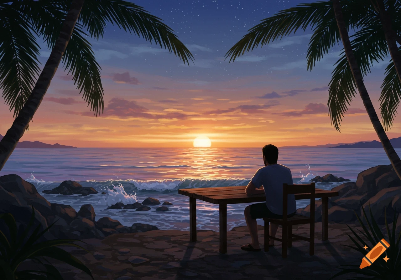 Illustrated tropical beach at sunset with a man sitting at a table, looking at the ocean and sun.
