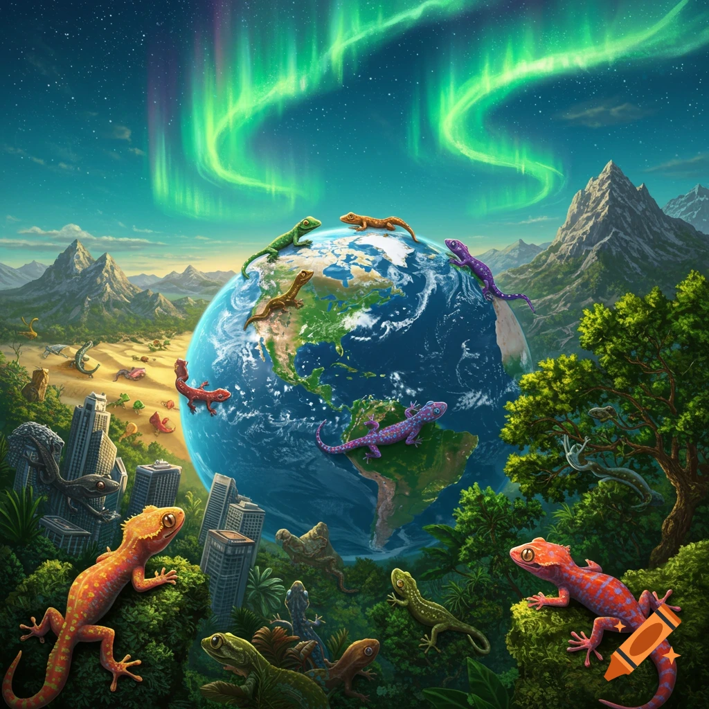 Numerous colorful geckos on and around a vibrant Earth with mountains, trees, and city buildings under an aurora-lit night sky.
