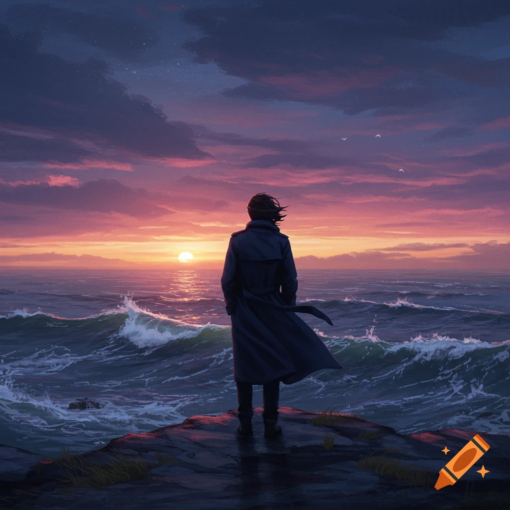 Person in a dark coat on a rocky cliff, gazing at a dramatic pink and purple sunset over a turbulent ocean. Digital art style.