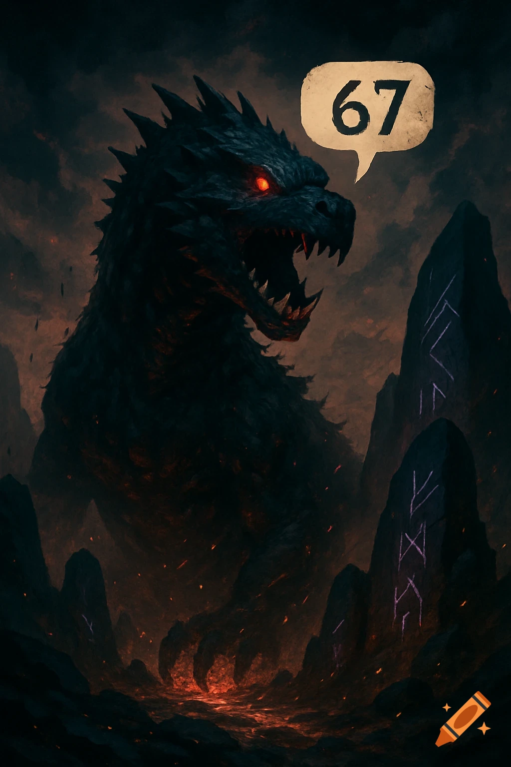A dark, roaring dragon-like monster with glowing red eyes, '67' in a speech bubble, stands in a fiery, rocky landscape.