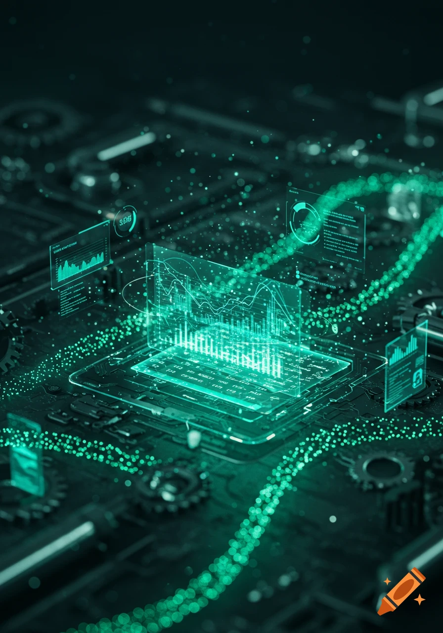 A dark, futuristic circuit board with glowing teal data streams and holographic screens displaying abstract graphs and garbled text.