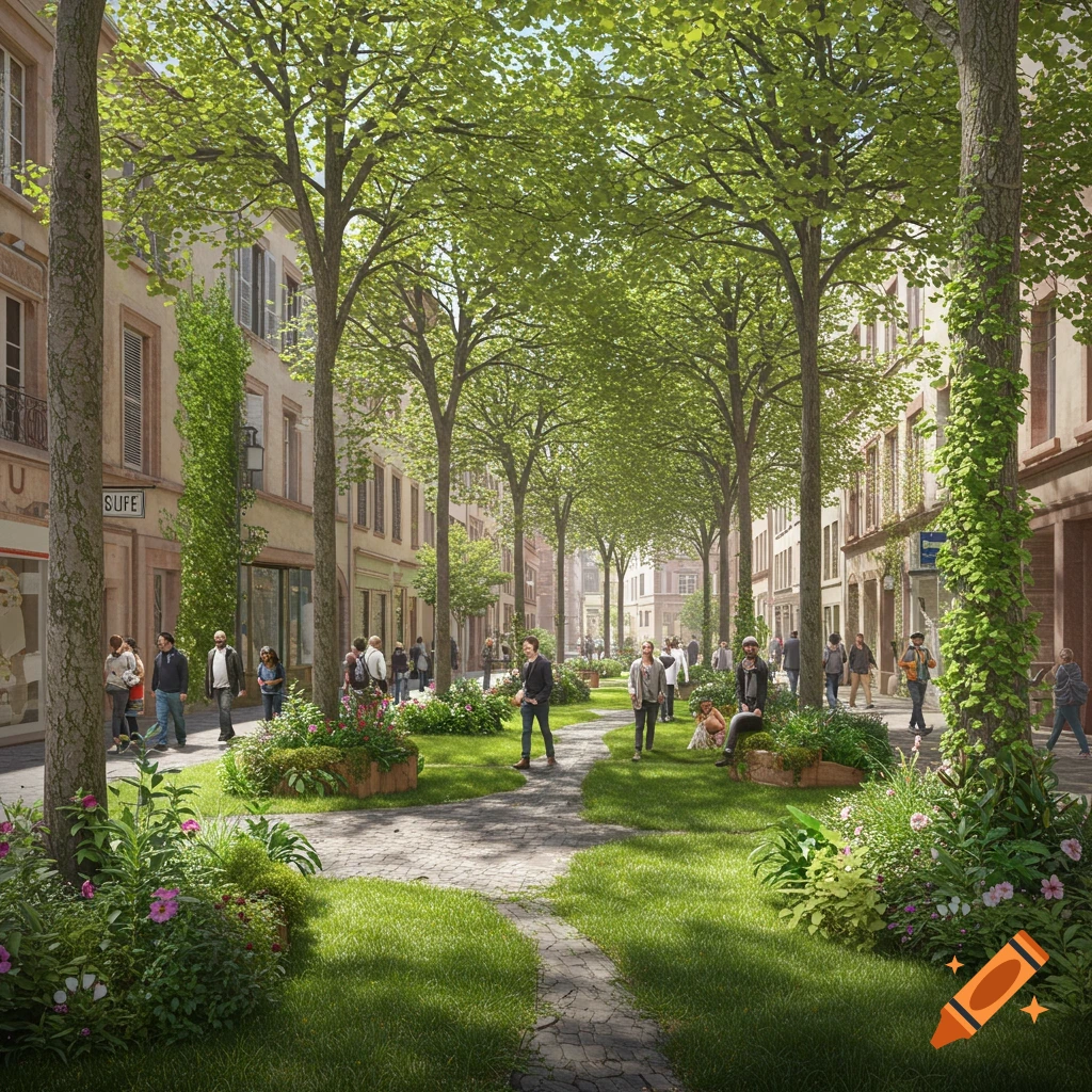 Photorealistic image of a verdant city street, transformed into a pedestrian green space with trees, paths, and people.