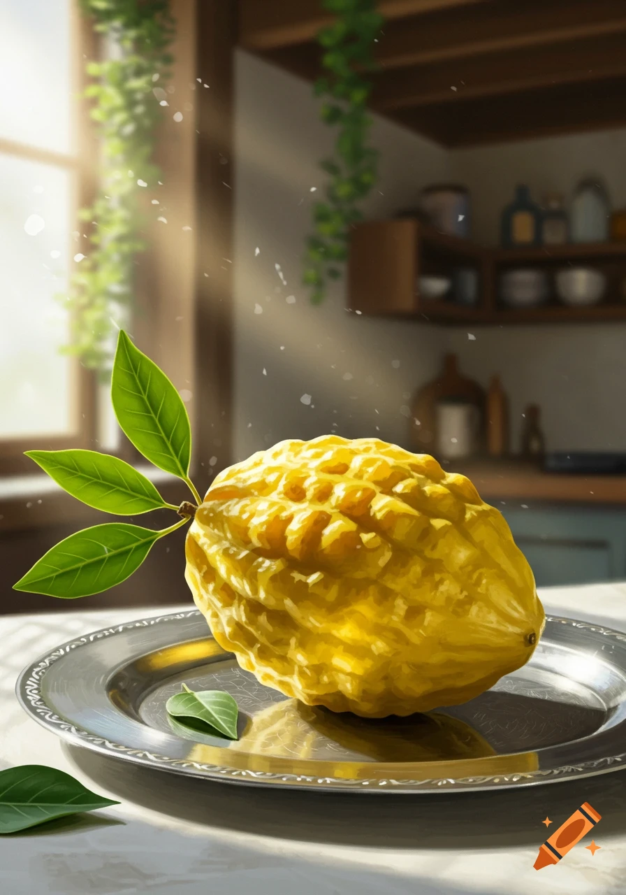 A vibrant yellow etrog fruit with green leaves rests on a silver plate in a sunlit kitchen, depicted in a stylized illustration.