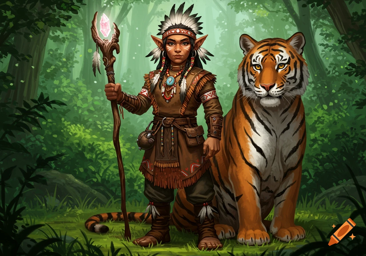 A fantasy halfling in Native American-inspired attire holds a glowing staff next to a tiger in a forest, digital painting.