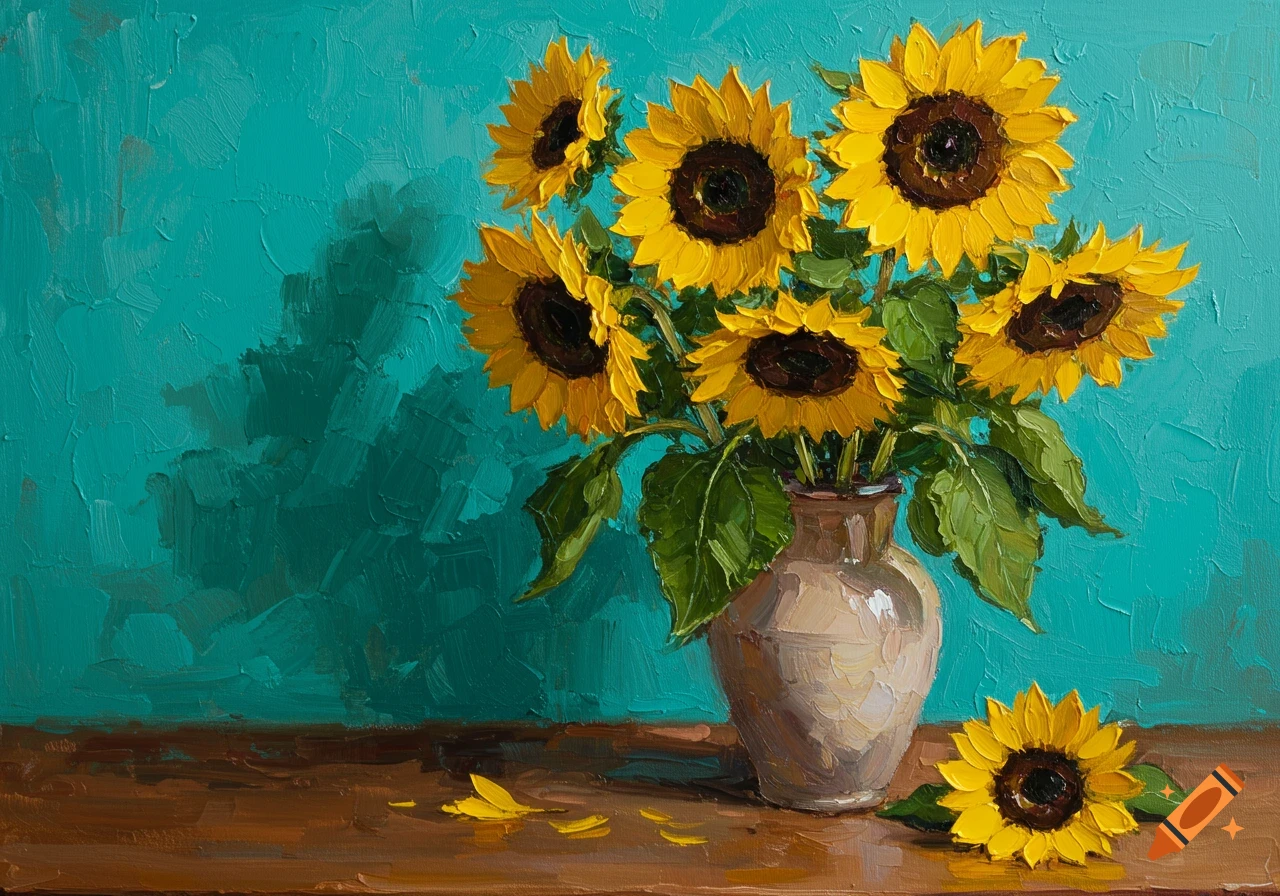 Impressionistic oil painting of bright yellow sunflowers in a beige vase on a wooden table against a vibrant turquoise wall.