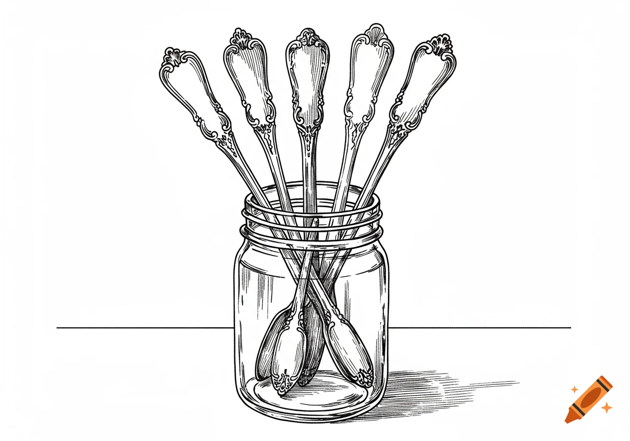 A detailed line drawing of several ornate spoons standing upright in a clear glass jar.