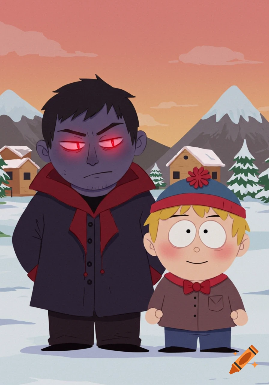 Cartoon Damien with red glowing eyes and Pip smiling in a snowy South Park landscape at sunset.