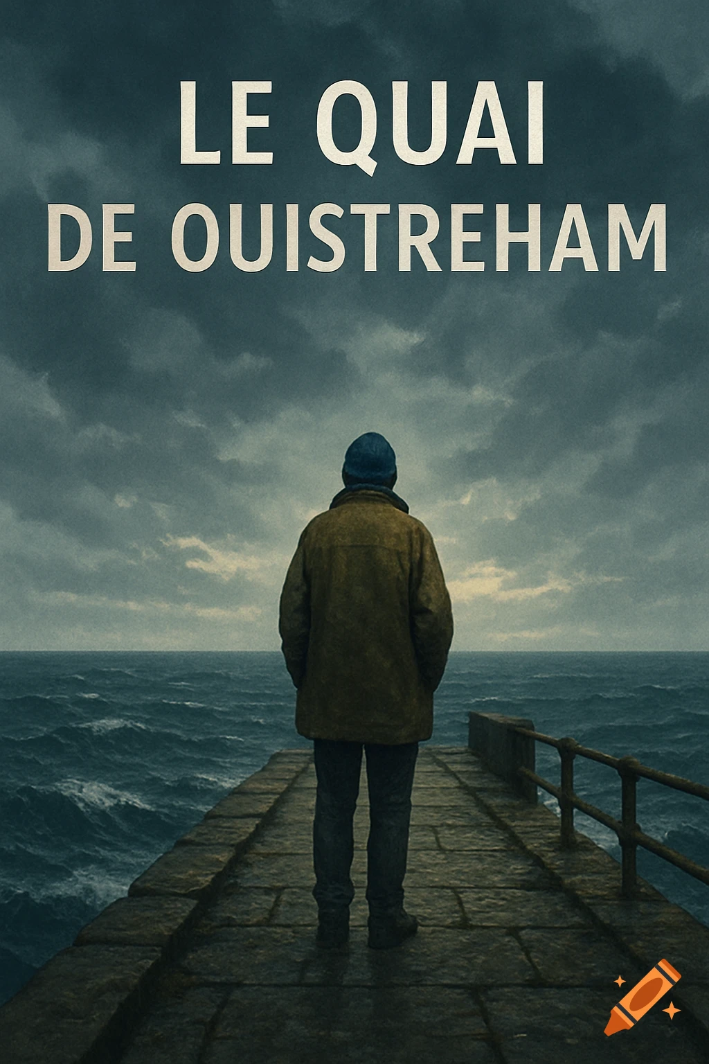 Figure on a pier looks at a stormy sea under dark clouds, with 'LE QUAI DE OUISTREHAM' title. Cinematic, dramatic style.
