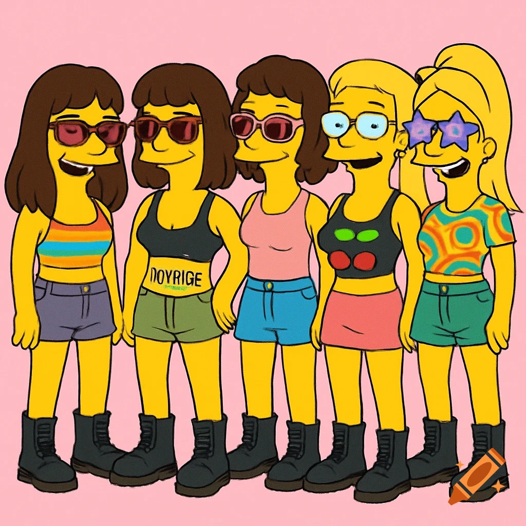 Five cartoon women with yellow skin and sunglasses in Simpsons style. They wear diverse rave-inspired crop tops, shorts, and Dr. Martens boots on a pink background.