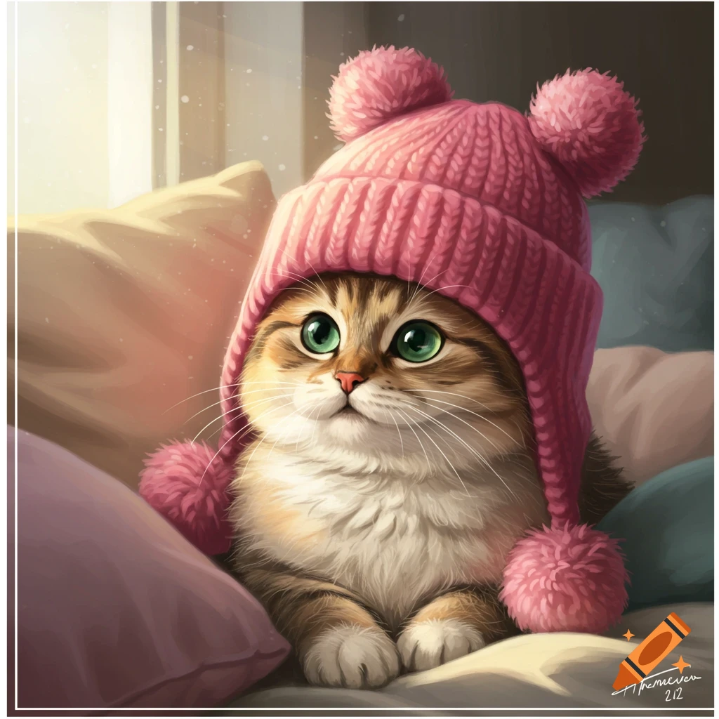 A cute fluffy brown and white cat with large green eyes wearing a pink knitted beanie with pom-poms.