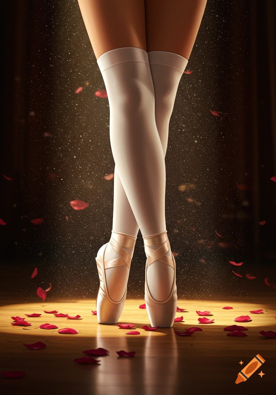 Ballerina's legs in white stockings and pointe shoes en pointe on a stage with rose petals.