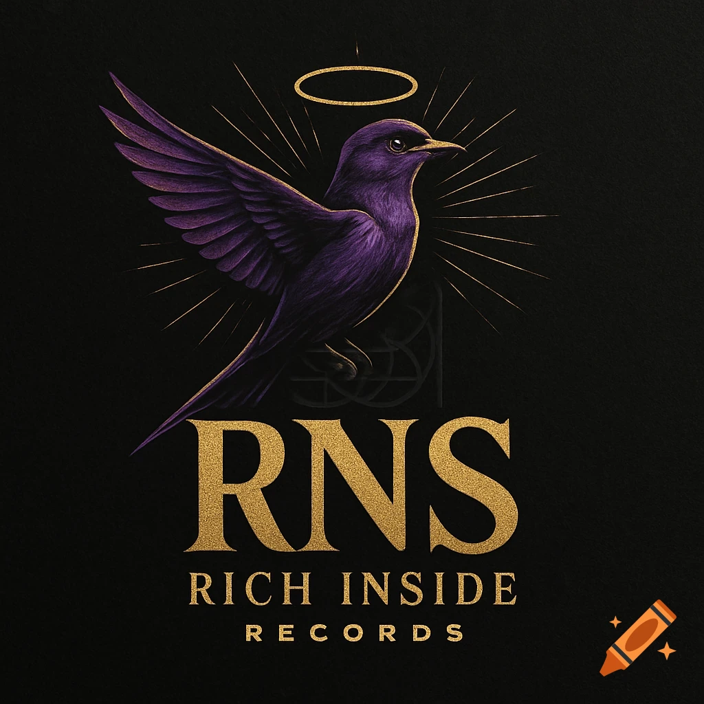 Purple bird with golden halo and light rays above golden text 'RNS RICH INSIDE RECORDS' on a black background.