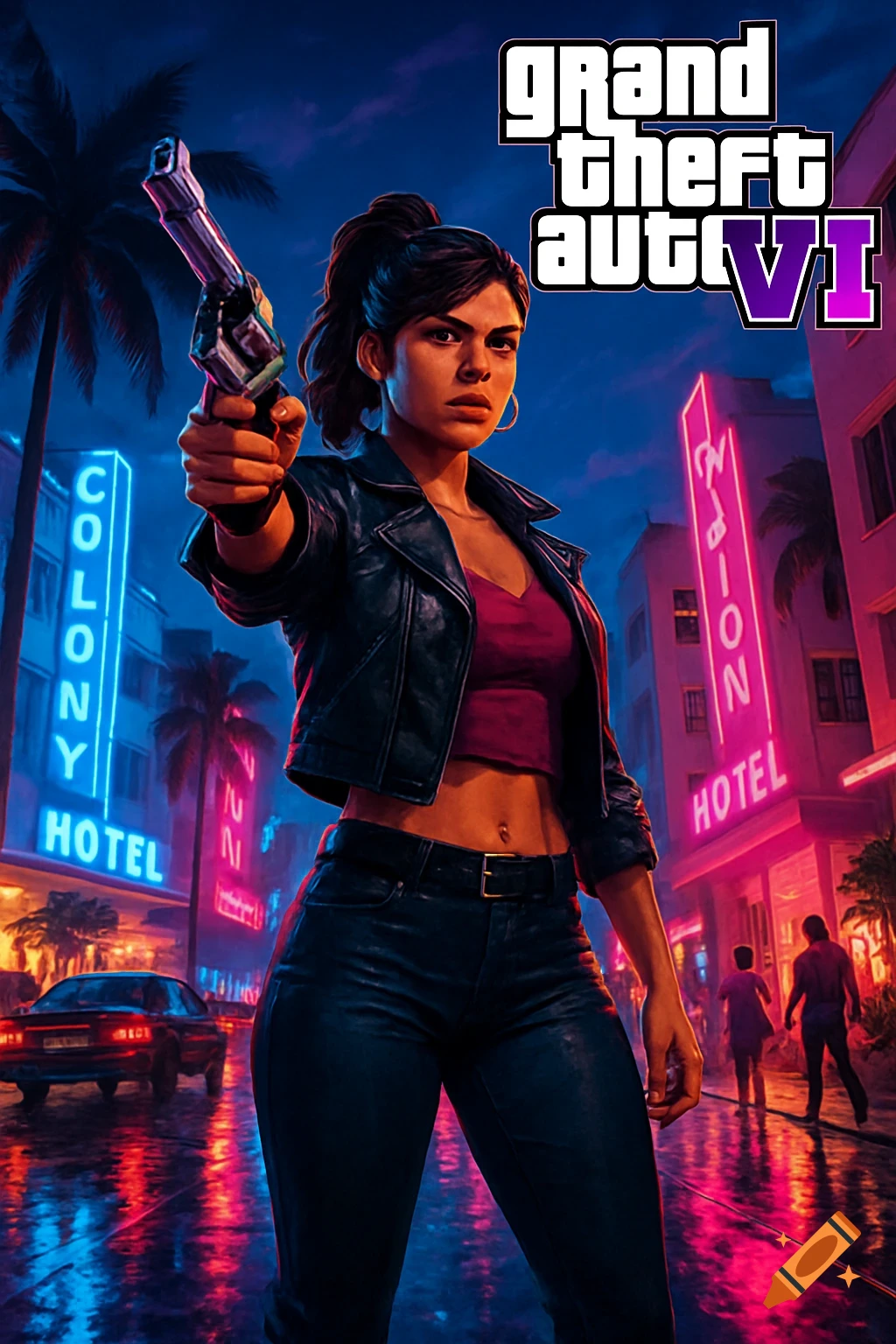 A woman resembling Lucia from Grand Theft Auto aims a gun on a neon-lit, rain-soaked city street at night, with the GTA VI logo.
