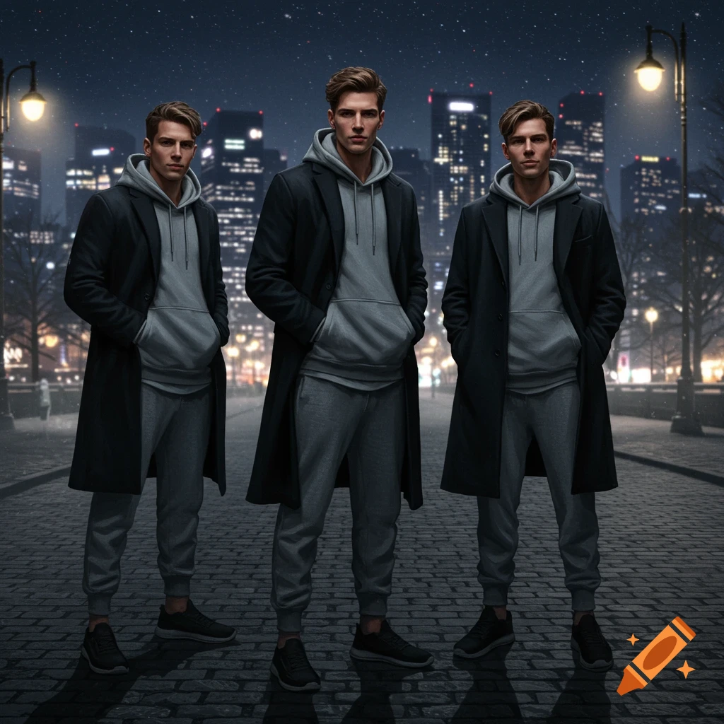 Three young men in grey hoodies, black coats, and grey sweatpants stand on a cobblestone street at night with city lights in the background. Photorealistic style.