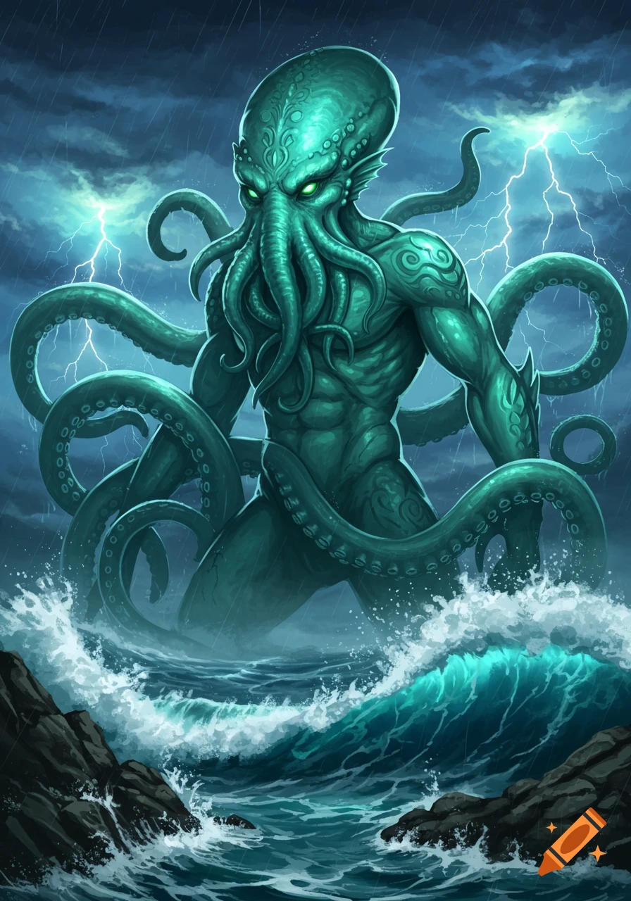 A powerful Cthulhu-like sea monster with glowing green eyes and tentacles stands in turbulent ocean waves under a lightning storm.