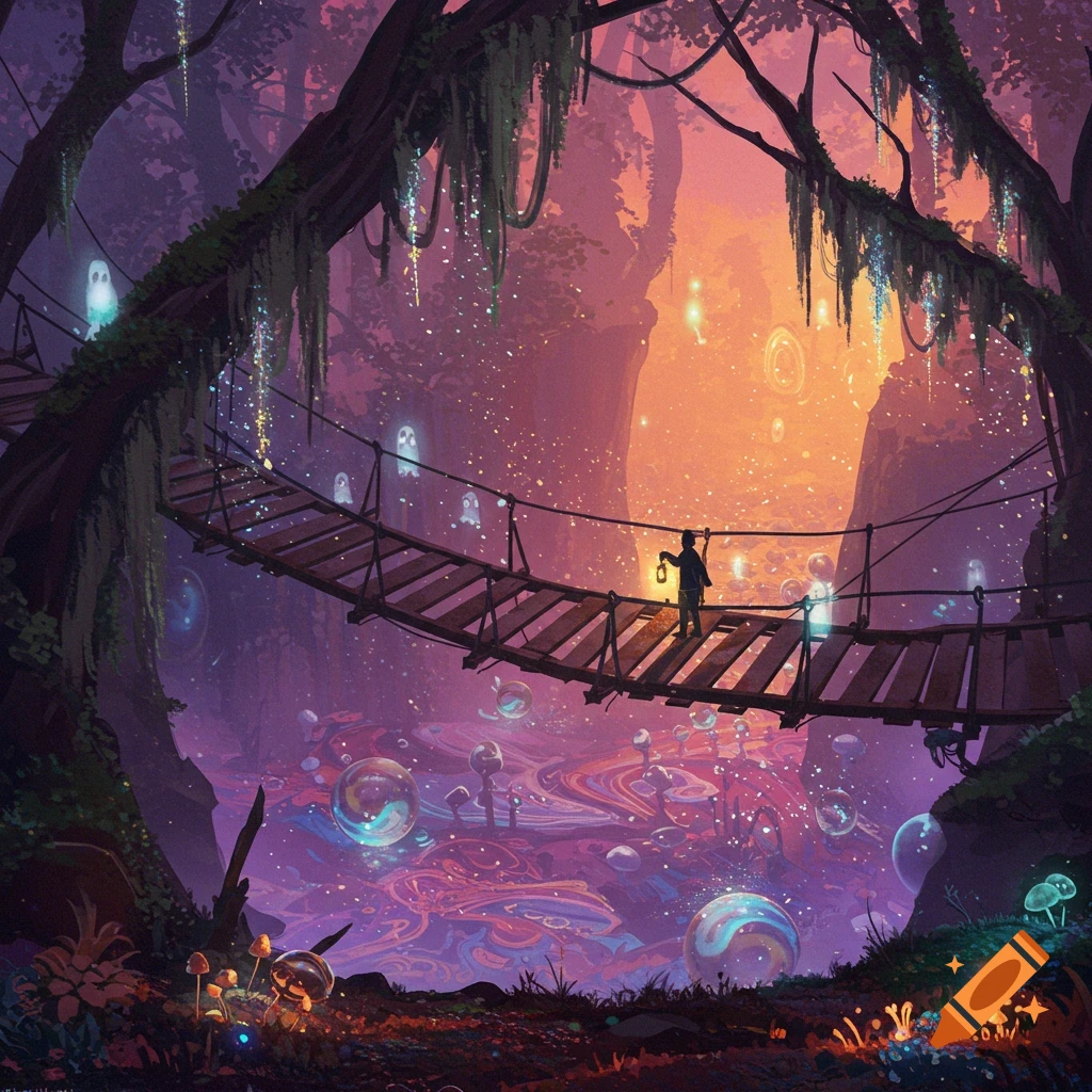 A person with a lantern on a wooden bridge in a vibrant, surreal fantasy forest with glowing ghosts and a colorful river.