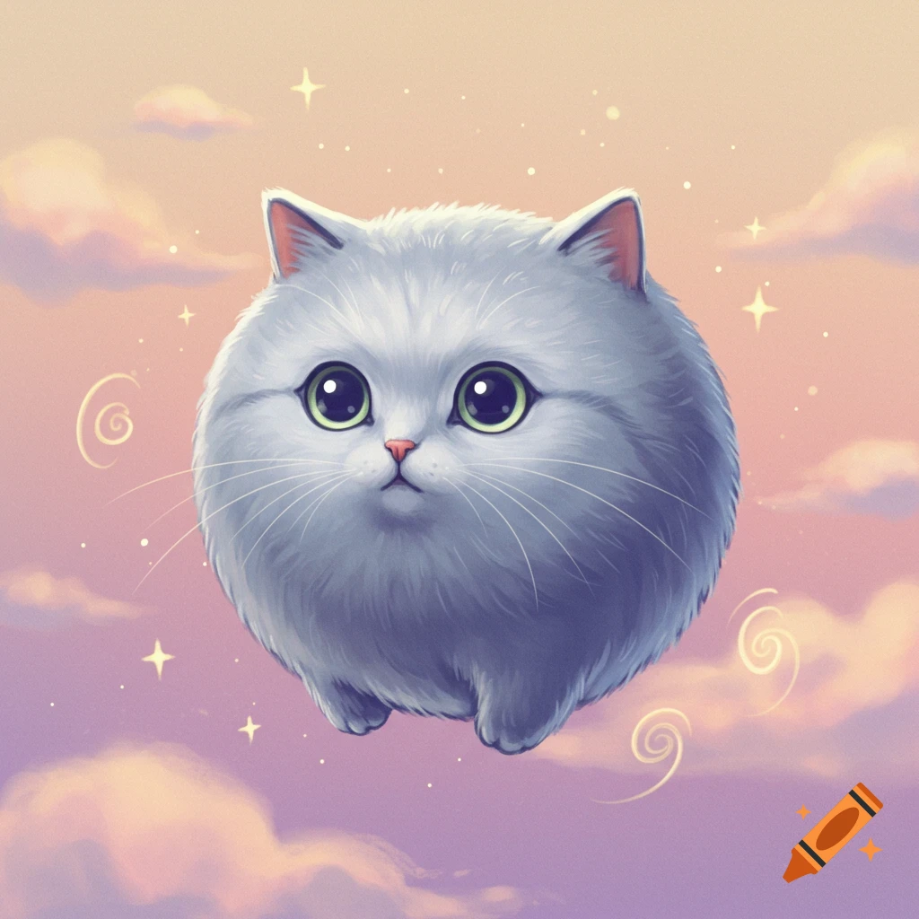 A fluffy, spherical grey cat with big green eyes floats in a whimsical pastel pink and purple sky with clouds and sparkling stars.