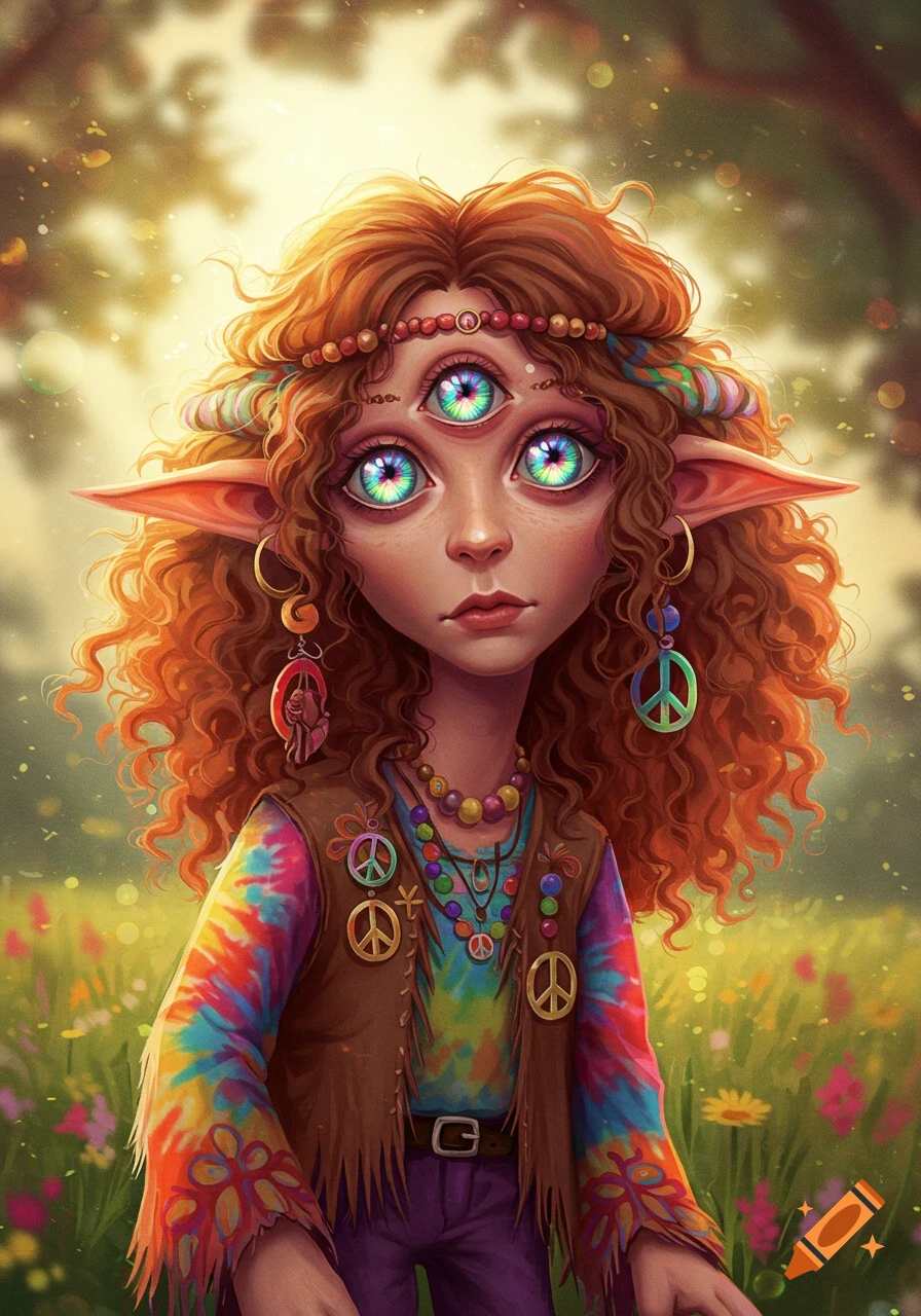 A whimsical, three-eyed, elf-like creature with long curly red hair wears a tie-dye shirt and a fringed vest, adorned with peace signs, standing in a vibrant, sunlit field. Stylized digital illustration.