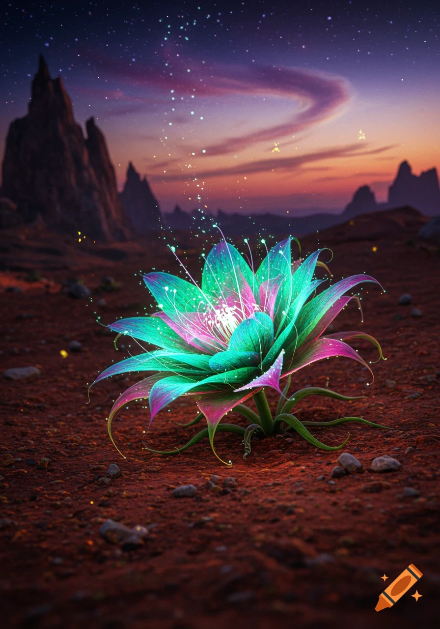 A vibrant, glowing alien flower with teal, pink, and purple petals on a barren, red landscape under a starry, twilight sky with distant mountains.