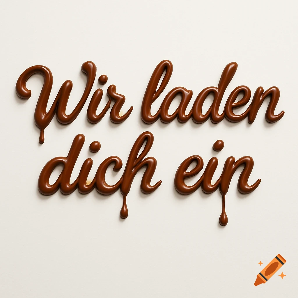 Chocolate letters spelling 'Wir laden dich ein' on a white background, with melted drips.