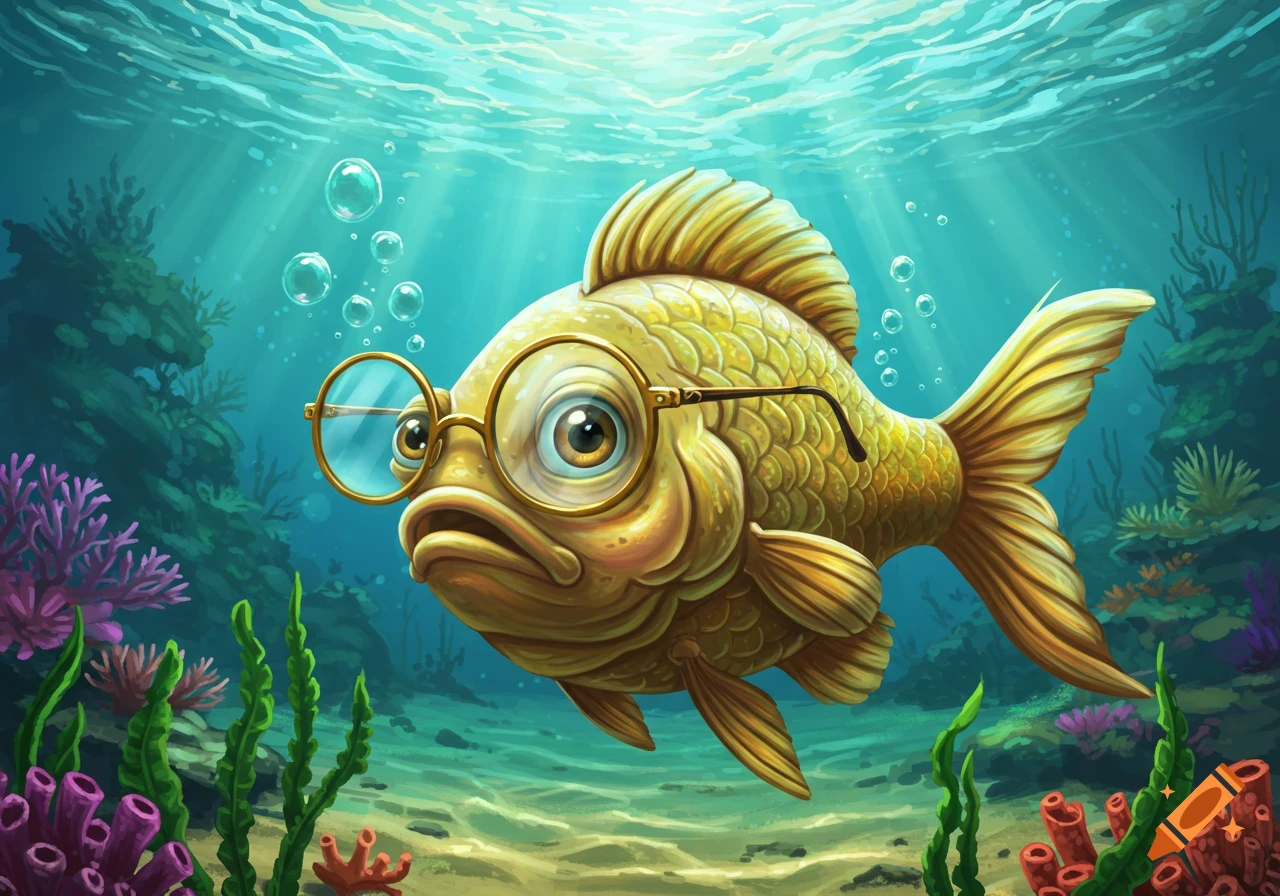 A cartoon golden fish with large round glasses swims underwater amidst colorful coral and seaweed.