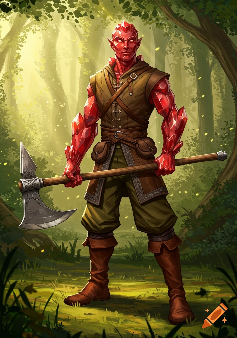 A red-skinned crystal humanoid warrior in leather armor, holding a bardiche in a sunlit forest.