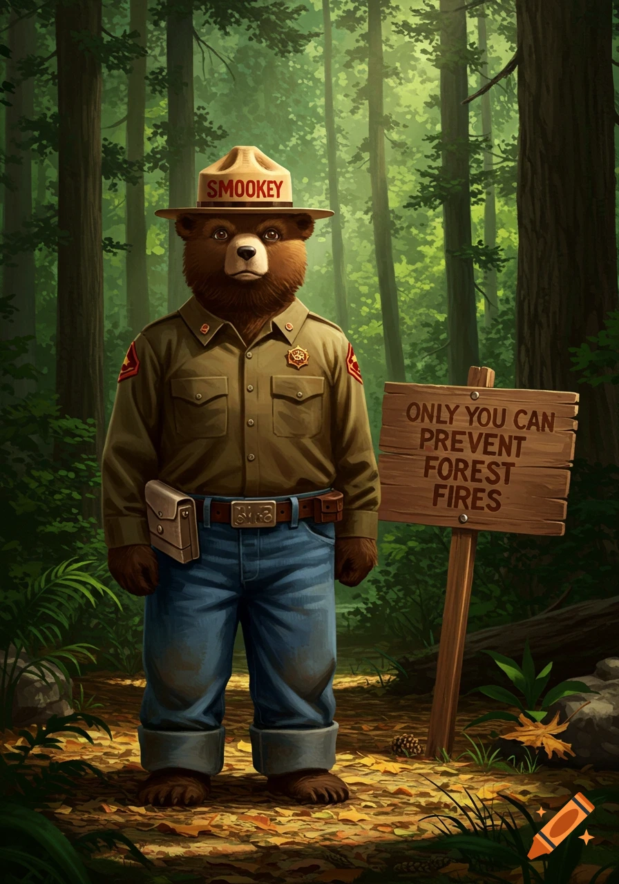 A cartoon bear resembling Smokey Bear in a ranger hat and uniform stands in a forest next to a sign saying "ONLY YOU CAN PREVENT FOREST FIRES".