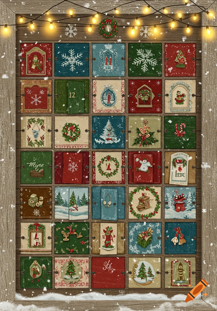 A vintage-style advent calendar with small, numbered doors, each decorated with Christmas-themed illustrations and garland lights on a snowy wooden background.