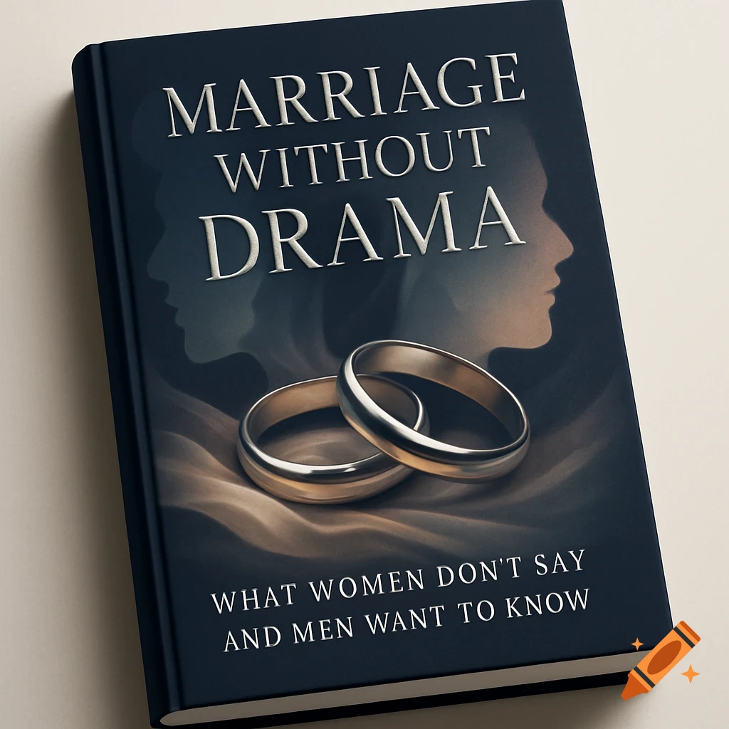 A dark blue book cover titled 'Marriage Without Drama' with two gold wedding rings and subtle profiles of a man and woman.