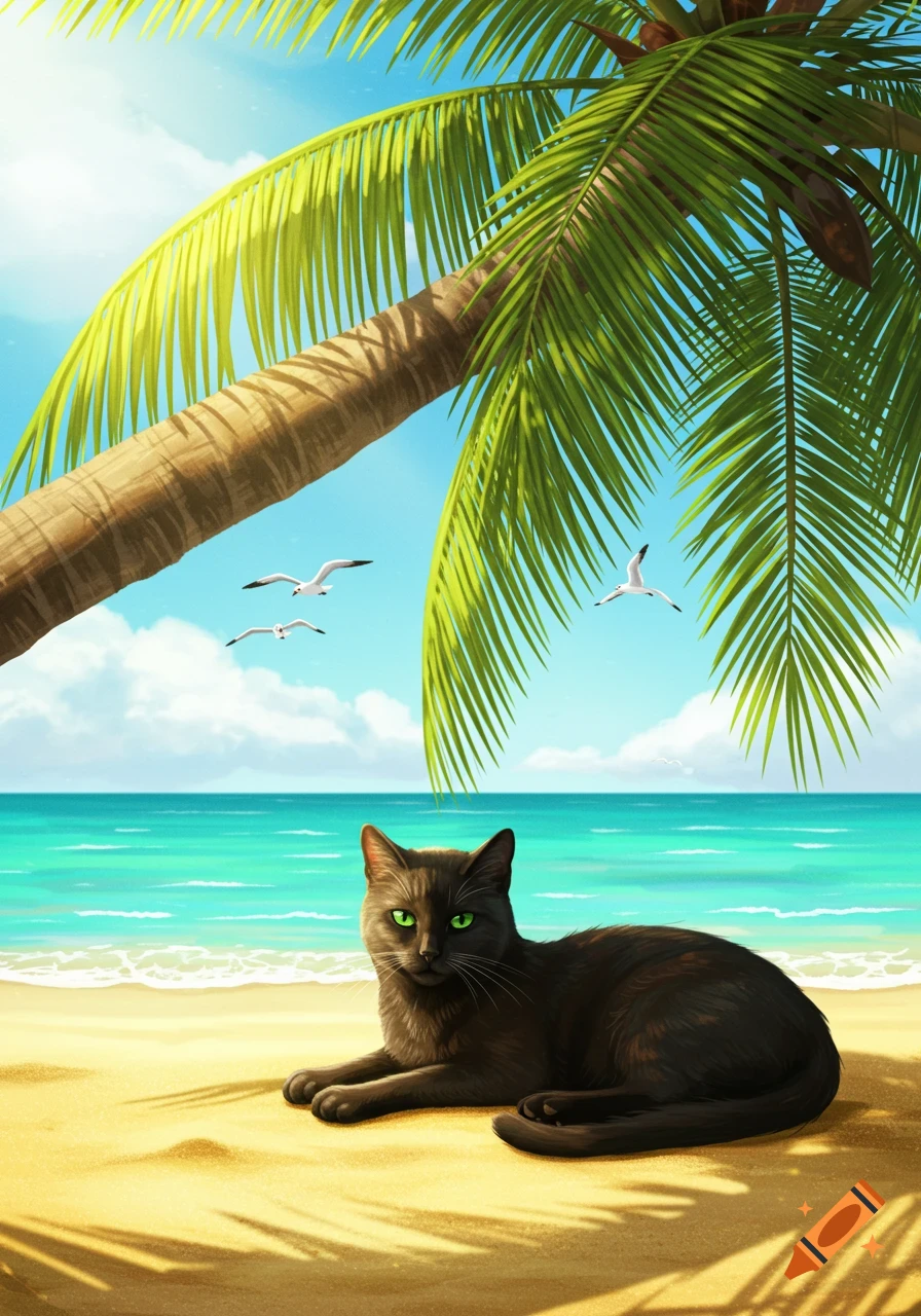 An illustration of a black cat with green eyes lying on a sandy beach under a palm tree, with the ocean and seagulls in the background.
