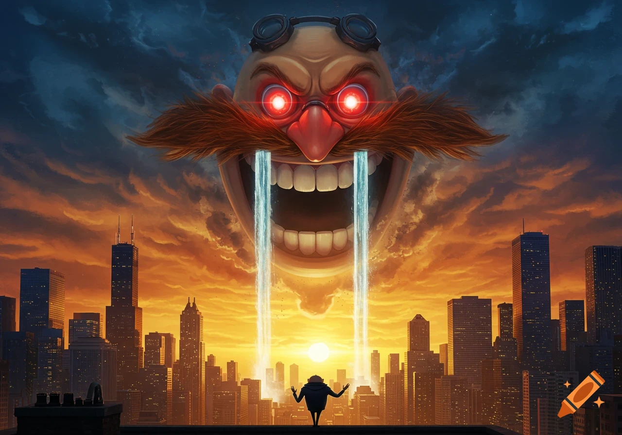Giant Dr. Eggman head with glowing red eyes and waterfalls from cheeks looms over a cityscape at sunset, with Gru on a rooftop. Pixar style.