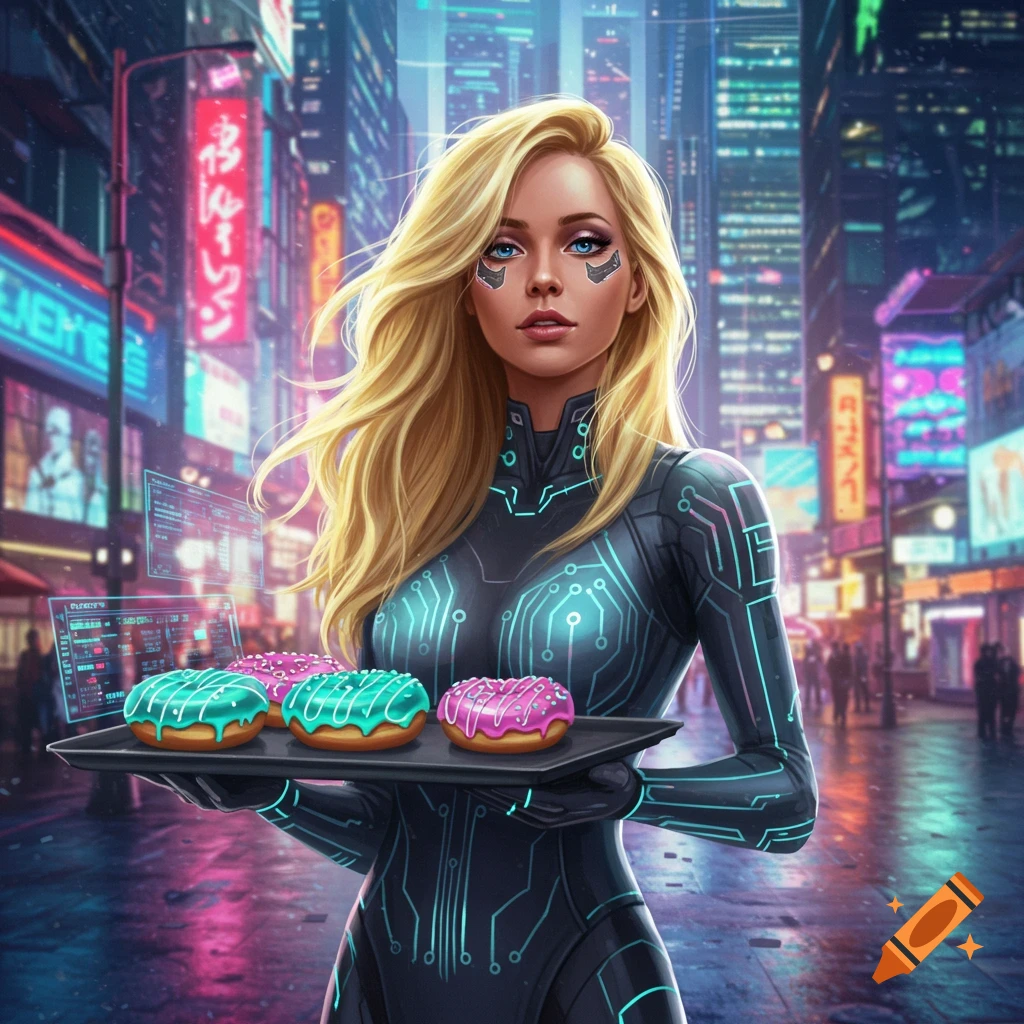 A blonde woman in a circuit-patterned cyberpunk suit holds a tray of colorful donuts in a neon city.