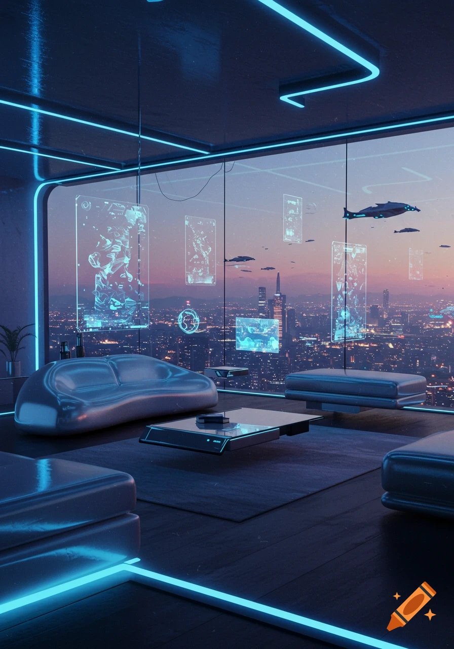 A futuristic living room with neon blue lights and sleek, metallic furniture overlooking a sprawling cyberpunk city at dusk.