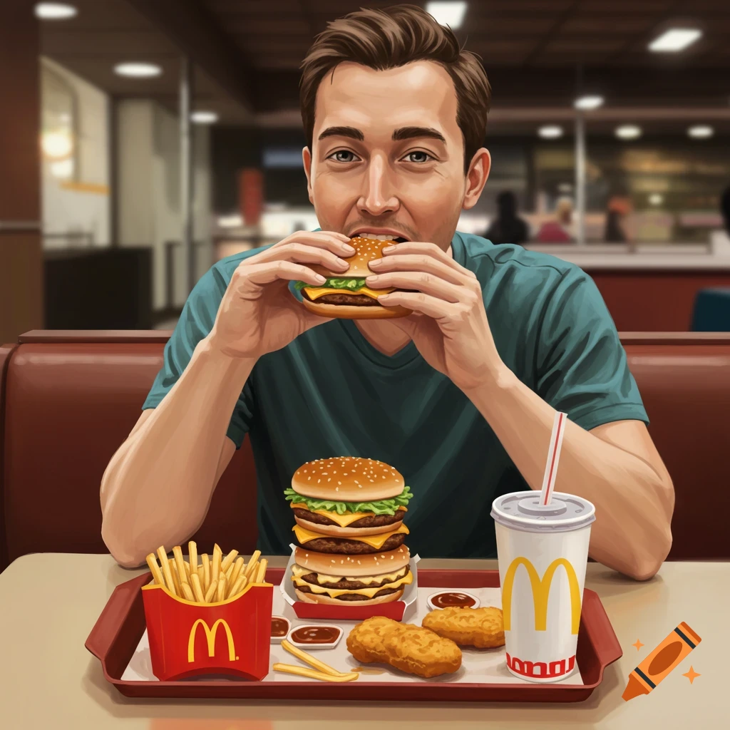 A man eats a burger from a large McDonald's meal with fries, nuggets, and soda in an illustrated style.
