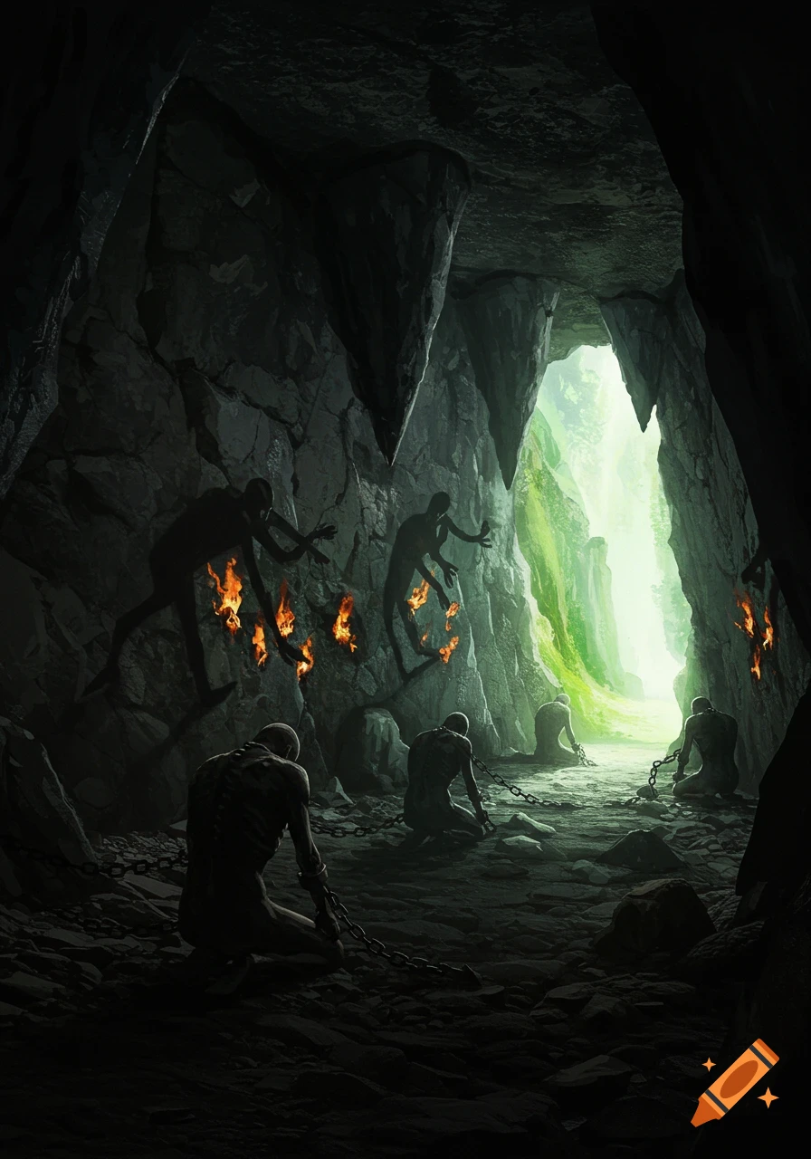 A dark, foreboding cave features chained, kneeling figures and shadowy silhouettes on the walls, illuminated by a bright, green opening.