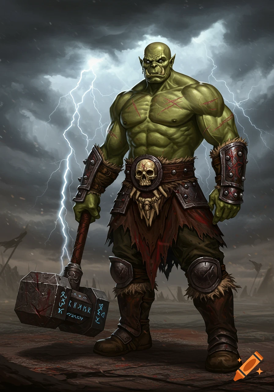 A muscular green orc barbarian with battle scars, holding a large maul under a stormy, lightning-filled sky.