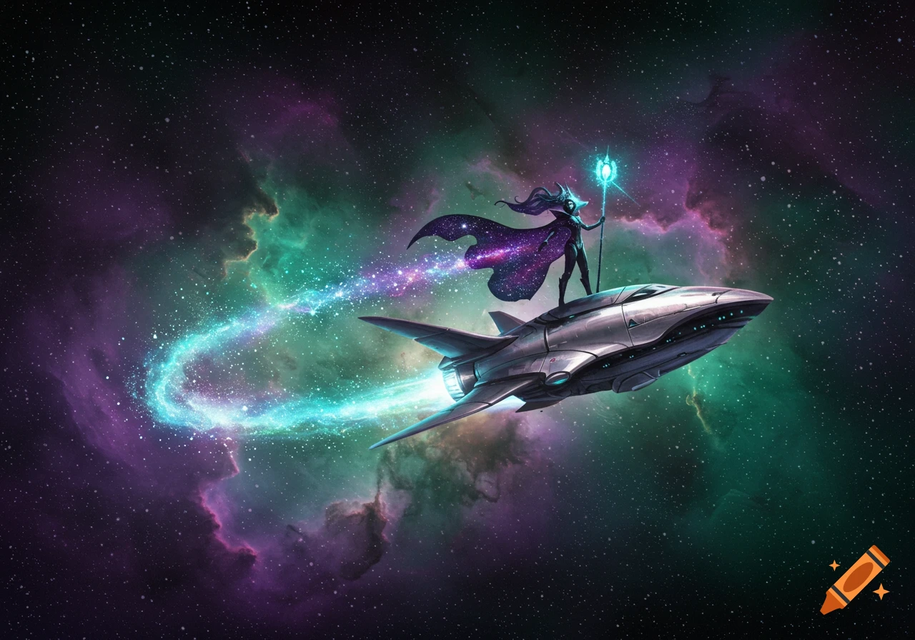 A space witch in a flowing cape rides atop a sleek spaceship through a vibrant purple and green nebula.