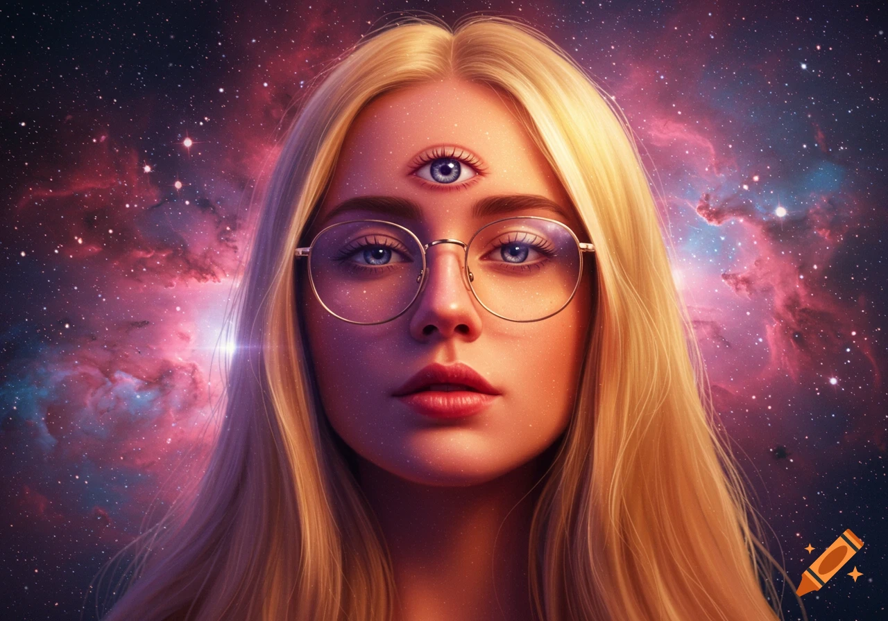 Close-up portrait of a blonde woman with glasses and a third eye on her forehead, set against a vibrant space nebula background.