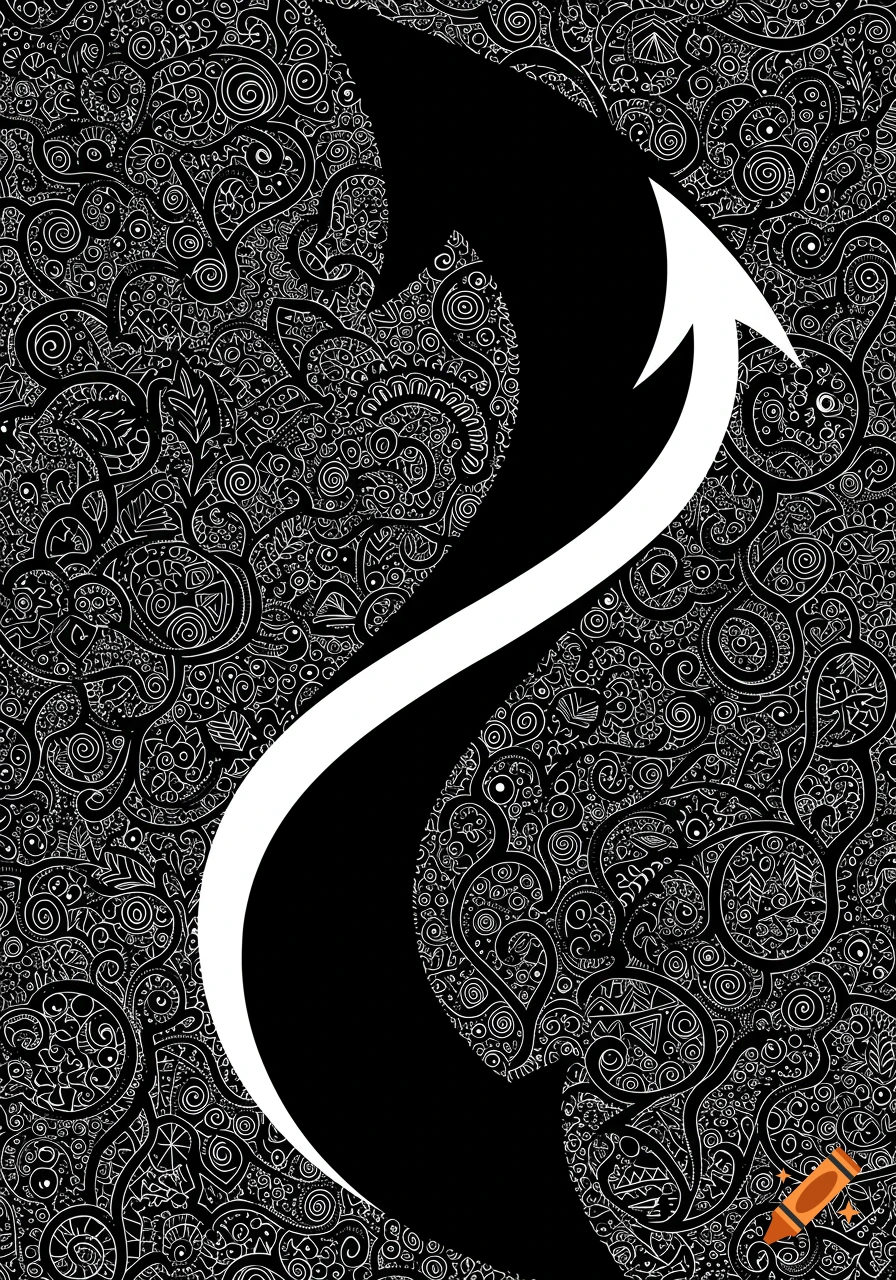 Abstract black and white illustration with intricate swirling patterns and a large curved arrow shape.