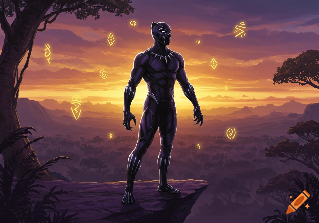 Black Panther stands on a cliff overlooking a forested Wakandan landscape at sunset, with glowing symbols in the sky.