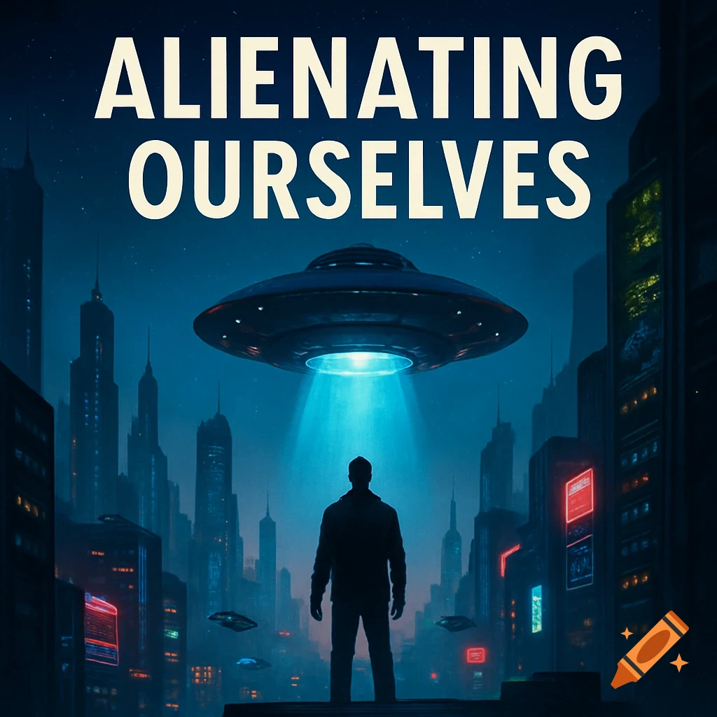 A person silhouetted on a rooftop looks at a UFO emitting a blue beam over a futuristic city skyline, with the text "ALIENATING OURSELVES" at the top.