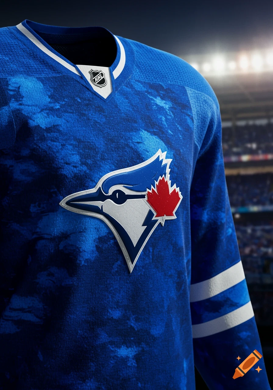 Close-up of a blue hockey jersey with a stylized blue jay and red maple leaf logo, featuring an NHL emblem on the collar, set in a stadium.