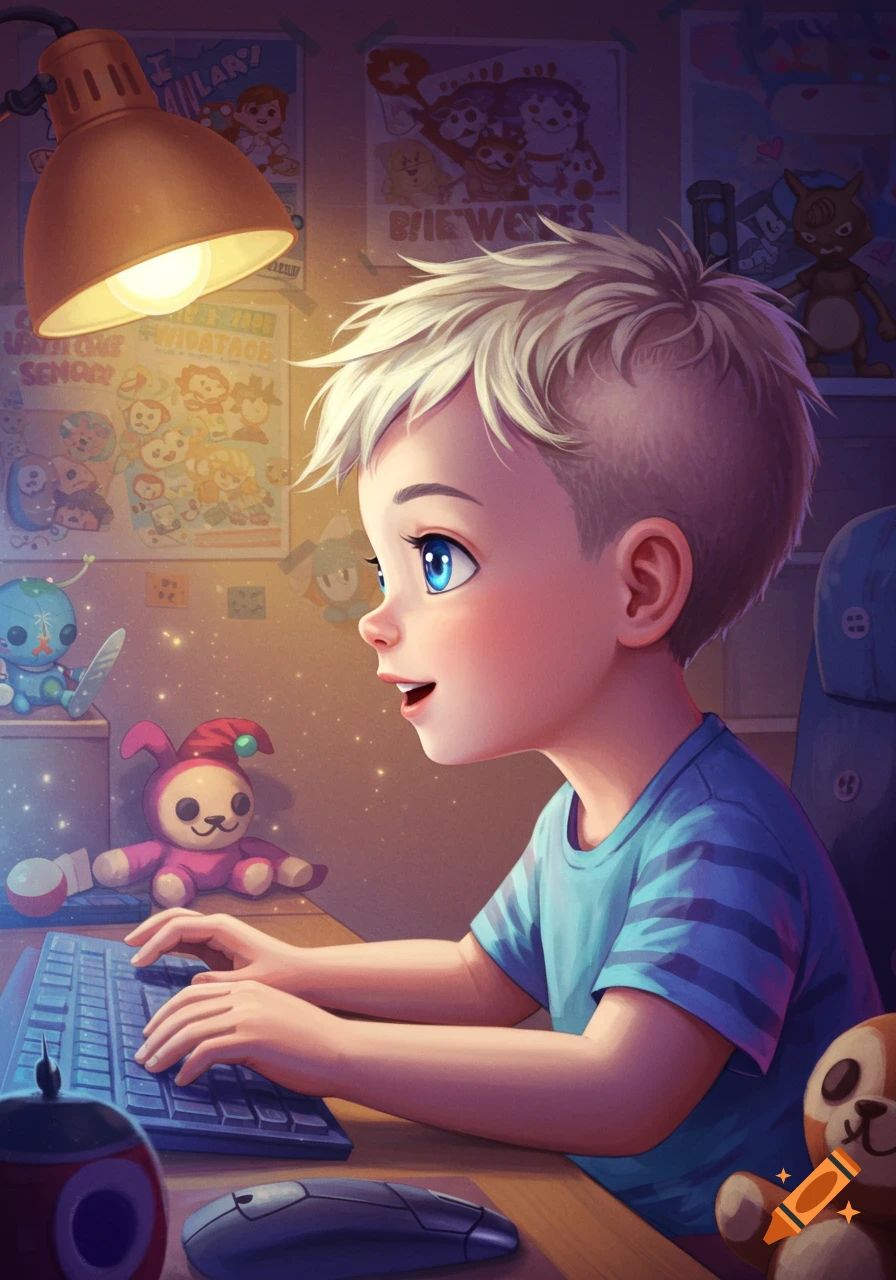 A cute boy with blonde hair and blue eyes plays on a computer, under a desk lamp, in a cozy room with posters and toys.